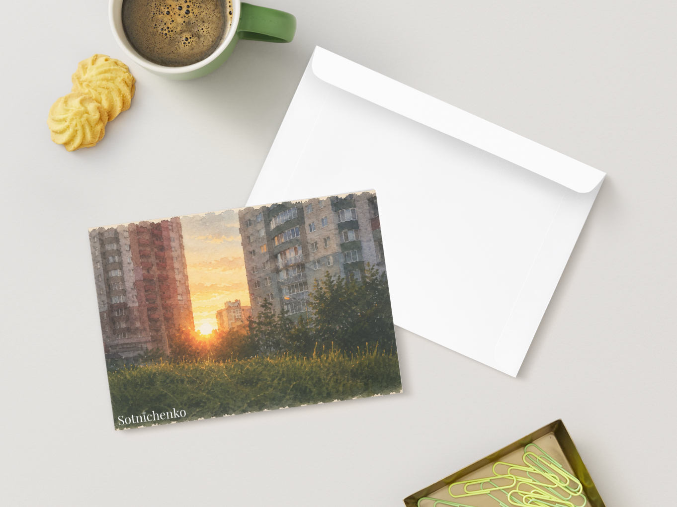 Sunset Between Blocks — Urban Printable Postcard
