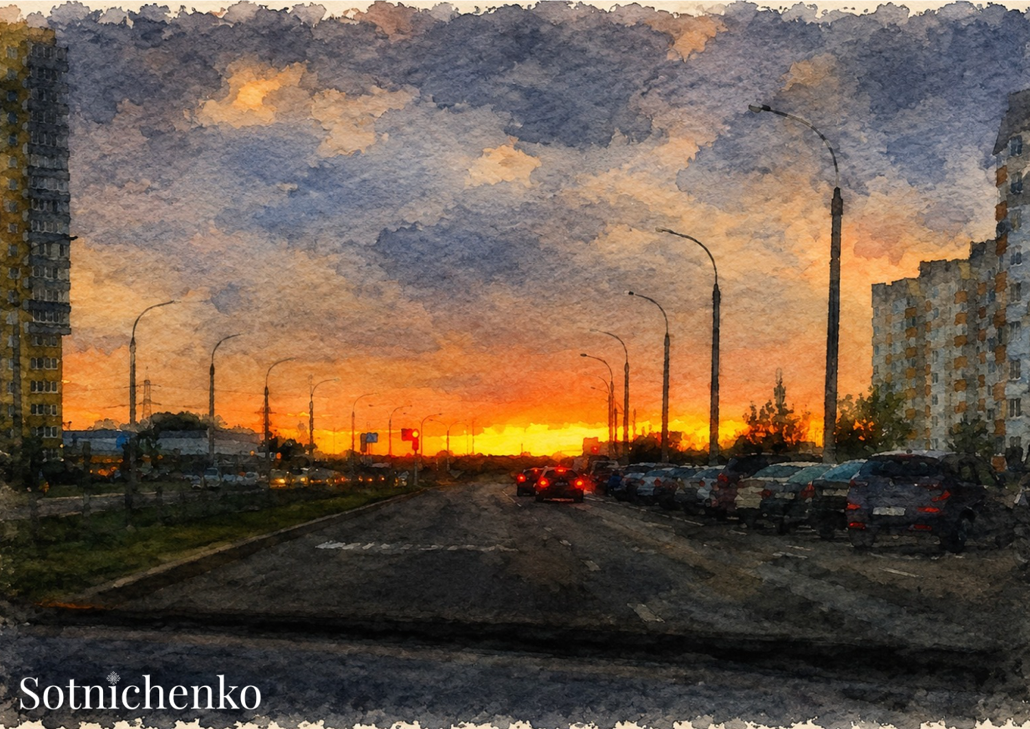 Driving Into Sunset — Vintage Printable Postcard