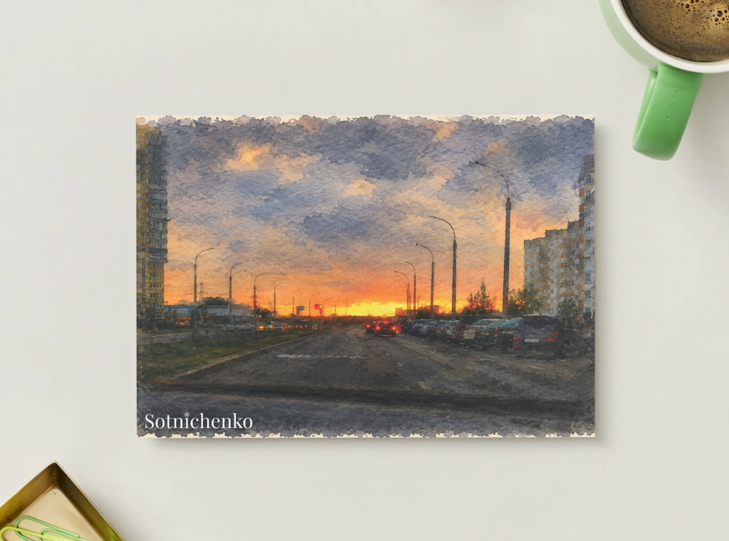 Driving Into Sunset — Vintage Printable Postcard