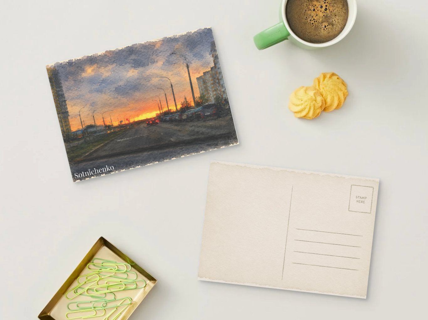 Driving Into Sunset — Vintage Printable Postcard