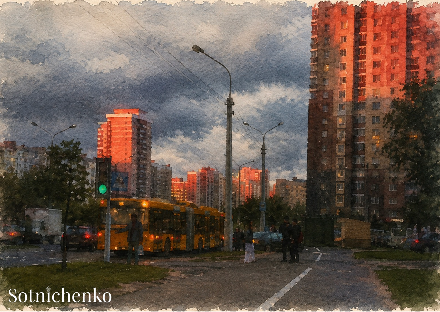 Evening Bus Stop — Urban Printable Postcard