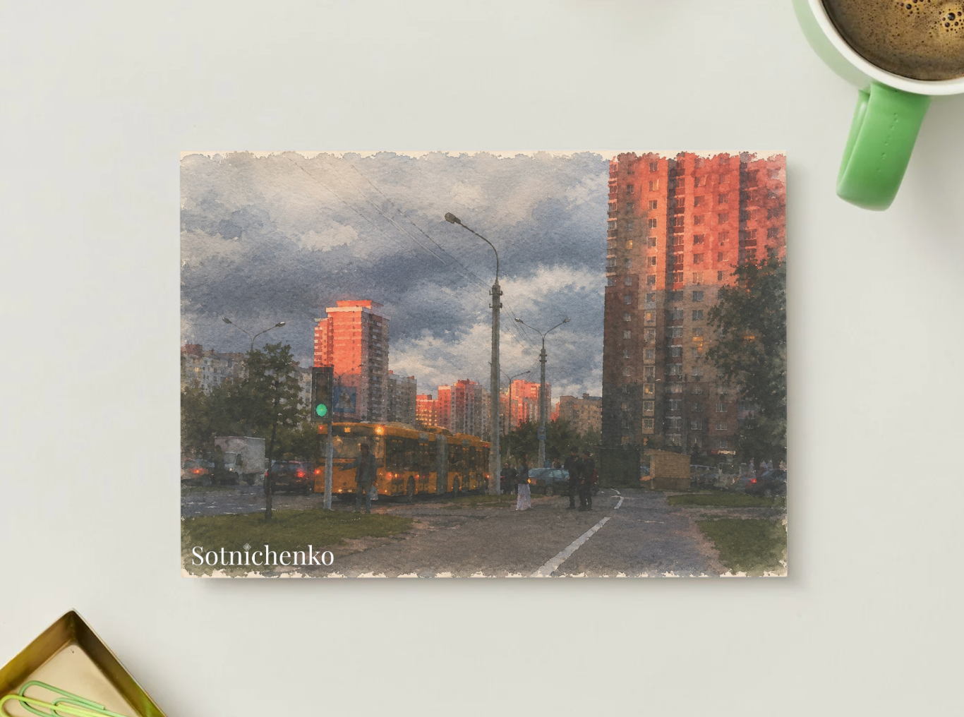 Evening Bus Stop — Urban Printable Postcard