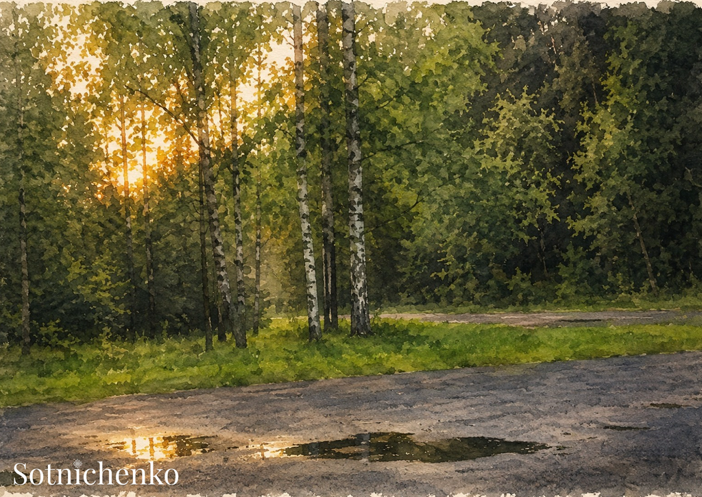 Puddles by the Birches — Vintage Printable Postcard