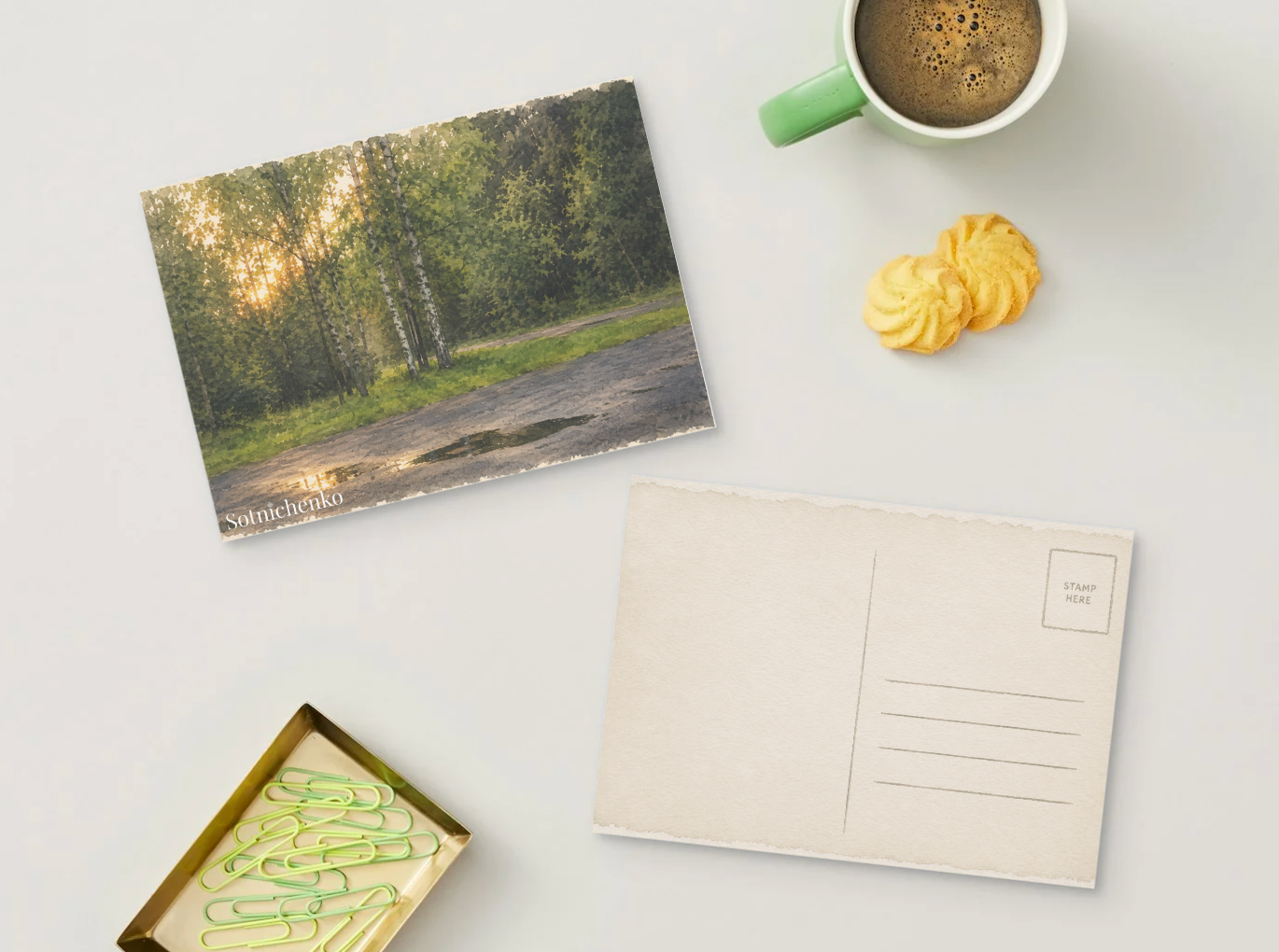 Puddles by the Birches — Vintage Printable Postcard