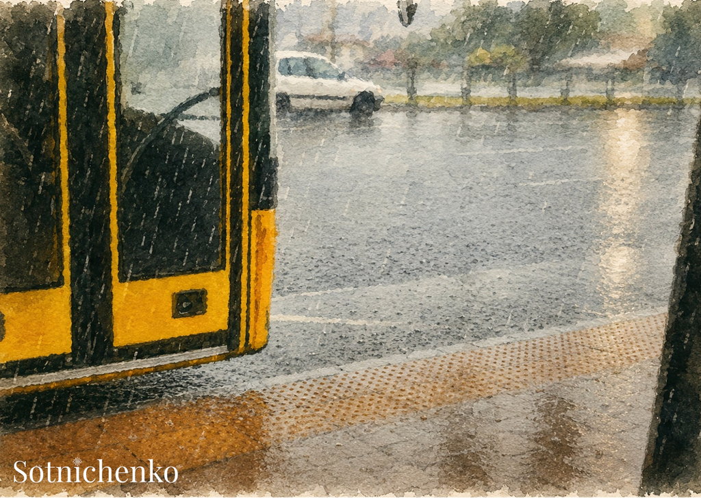 Between Stops — Rainy City Postcard