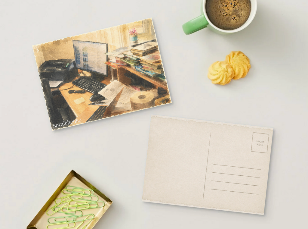 Desk Full of Stories — Vintage Office Printable Postcard