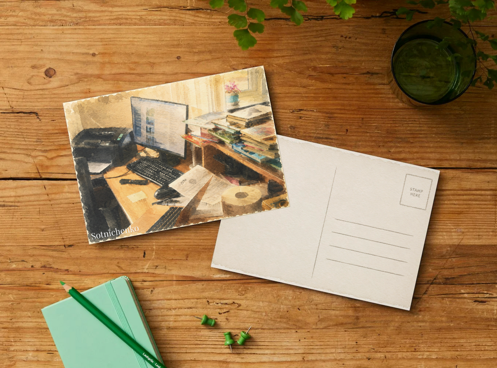 Desk Full of Stories — Vintage Office Printable Postcard
