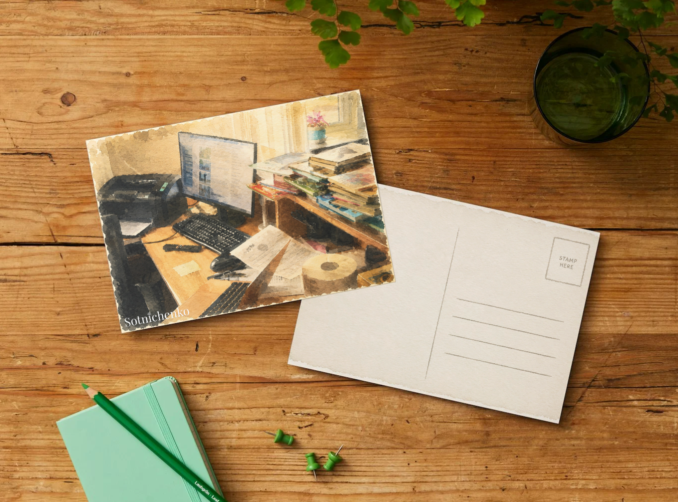 Desk Full of Stories — Vintage Office Printable Postcard