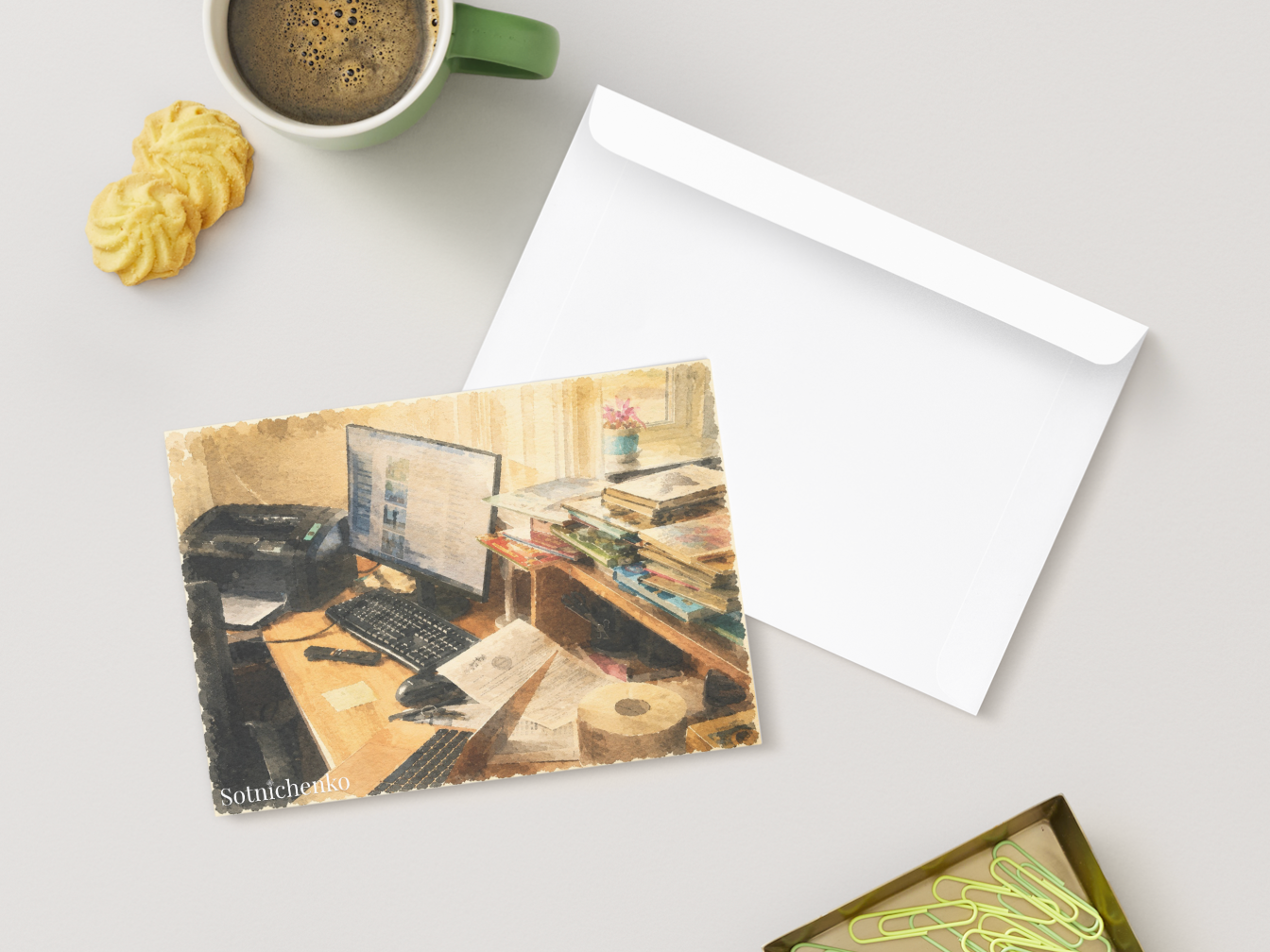 Desk Full of Stories — Vintage Office Printable Postcard