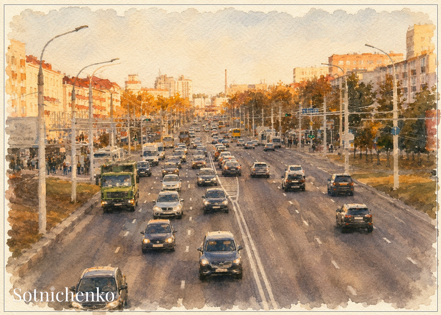 Golden Hour Traffic — Urban Printable Postcard