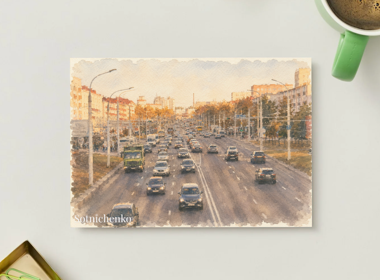 Golden Hour Traffic — Urban Printable Postcard