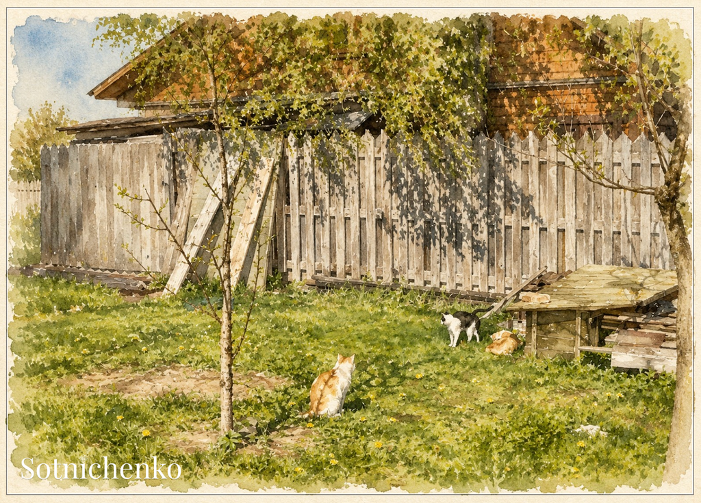 Sunny Yard Cats — Vintage Country Printable Postcard