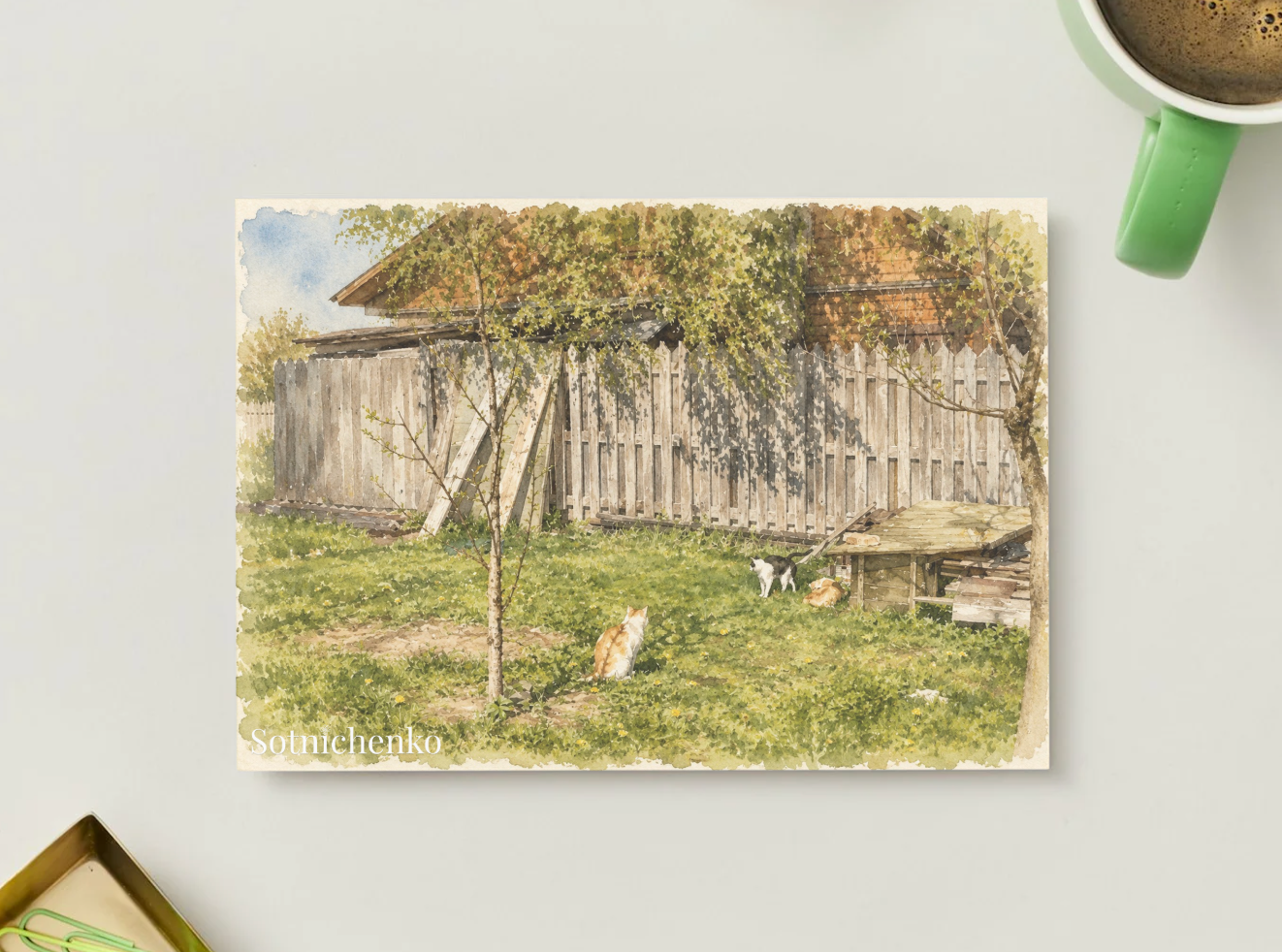 Sunny Yard Cats — Vintage Country Printable Postcard