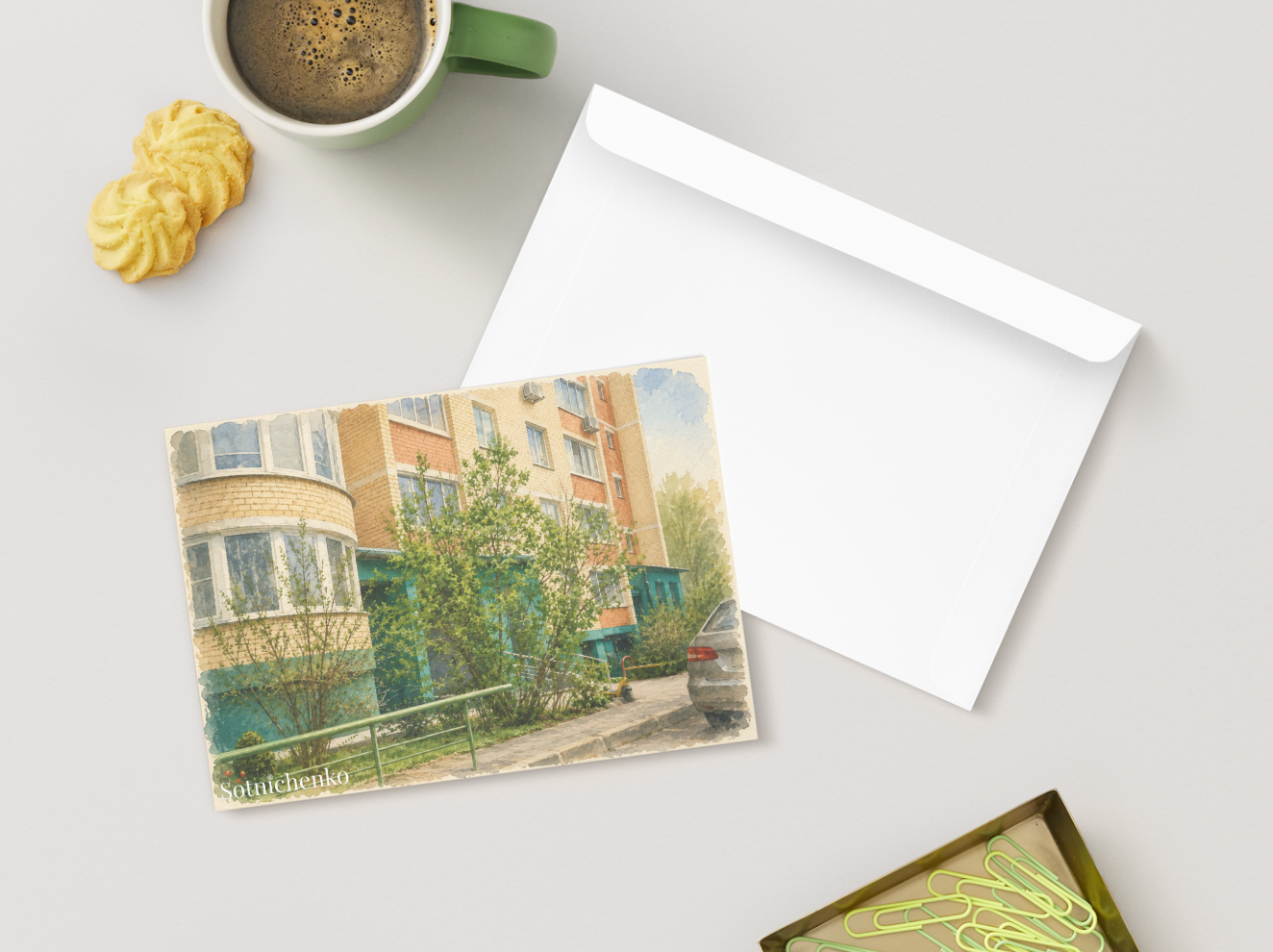 Green Courtyard — Urban Printable Postcard