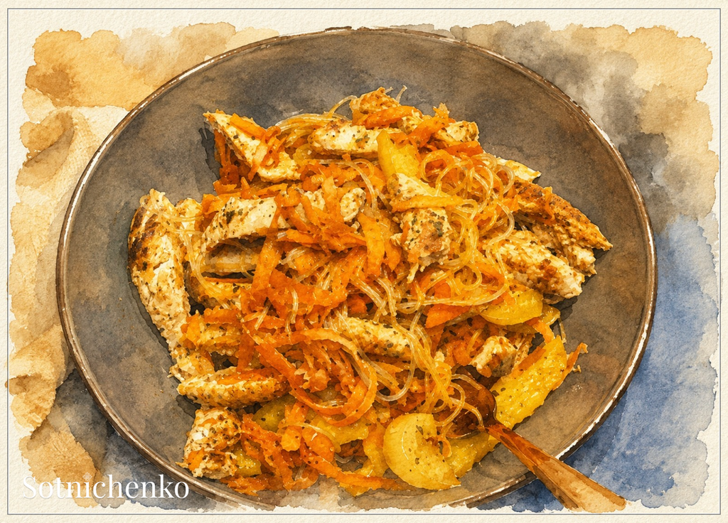 Golden Noodle Bowl — Watercolor Food Postcard