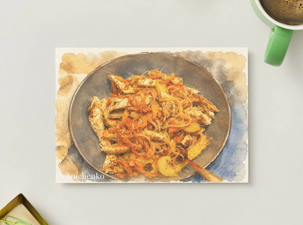 Golden Noodle Bowl — Watercolor Food Postcard