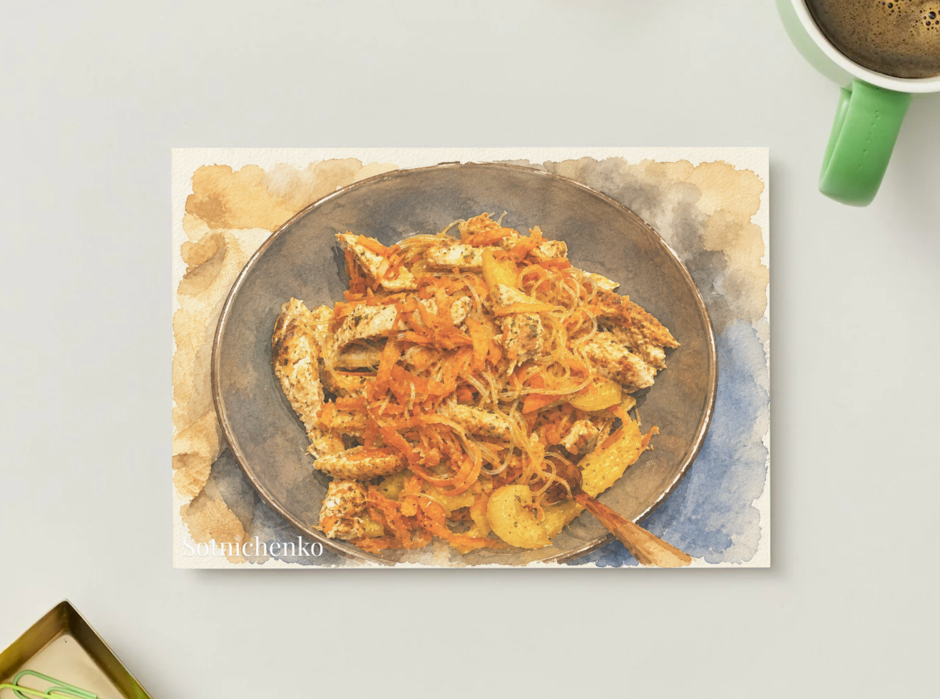 Golden Noodle Bowl — Watercolor Food Postcard