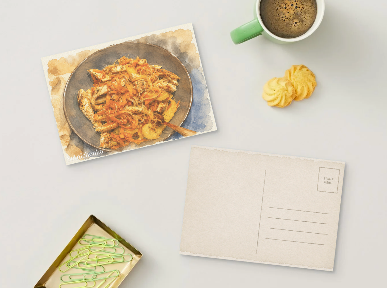 Golden Noodle Bowl — Watercolor Food Postcard