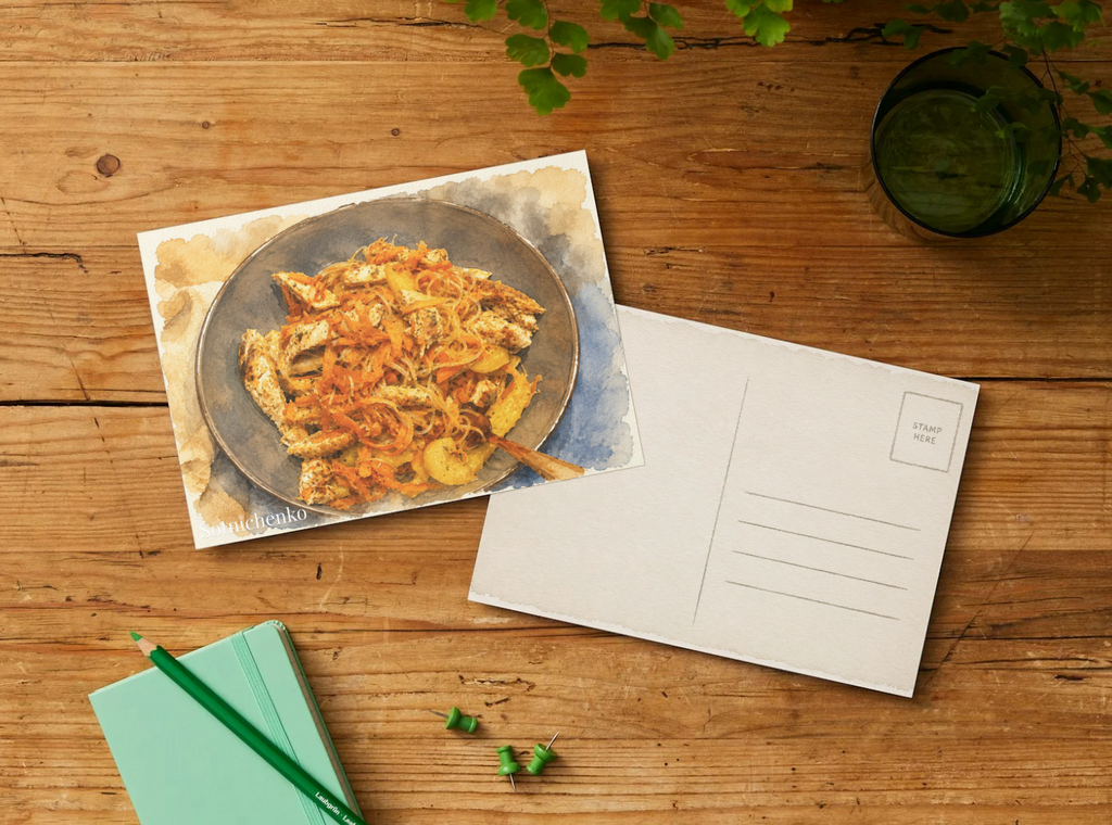 Golden Noodle Bowl — Watercolor Food Postcard