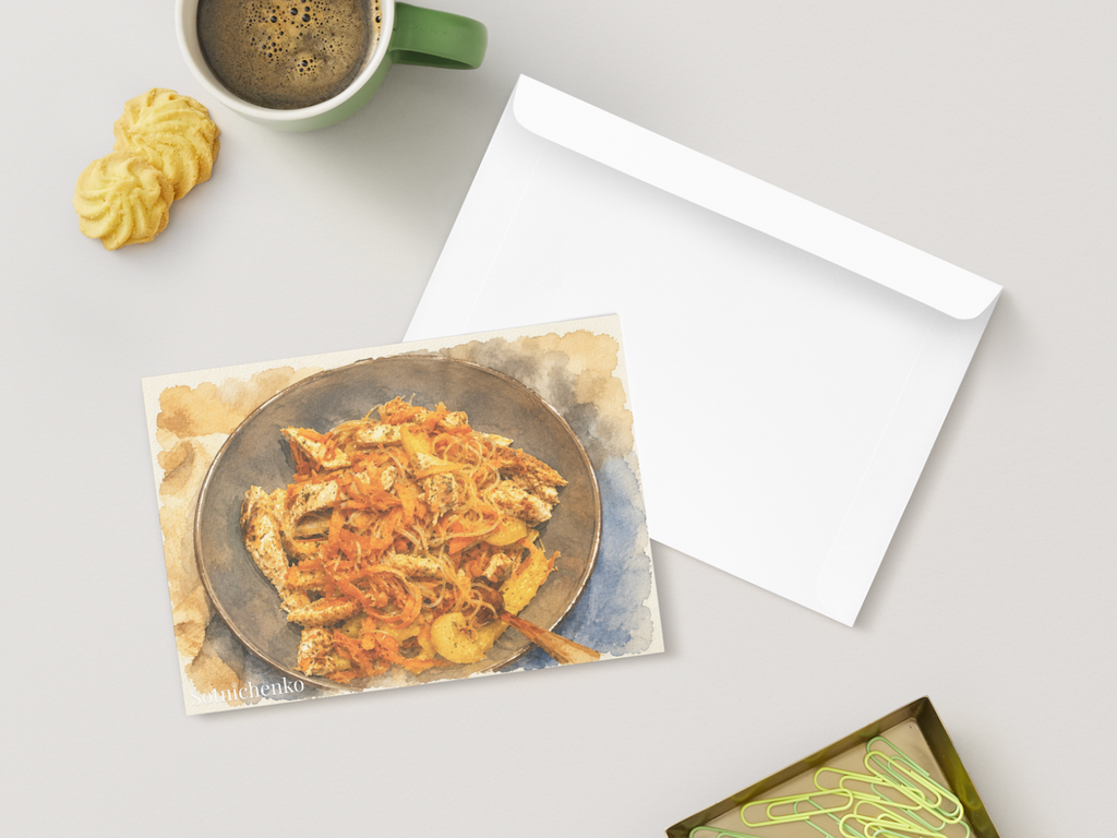 Golden Noodle Bowl — Watercolor Food Postcard