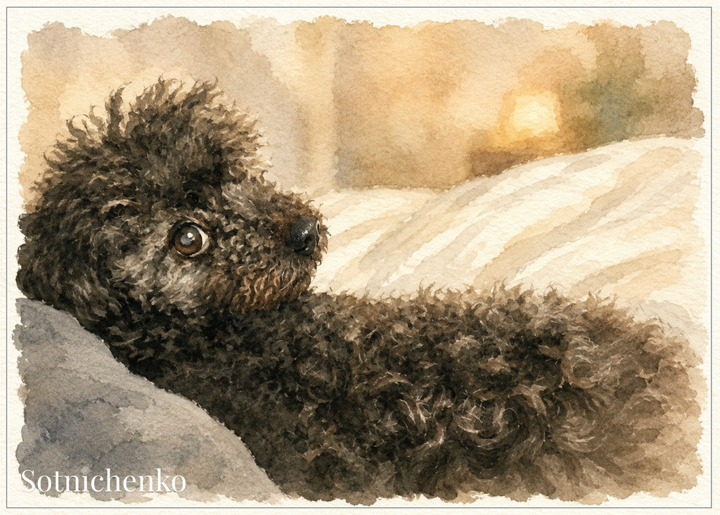 Tiny Bedtime Poodle — Cozy Dog Postcard