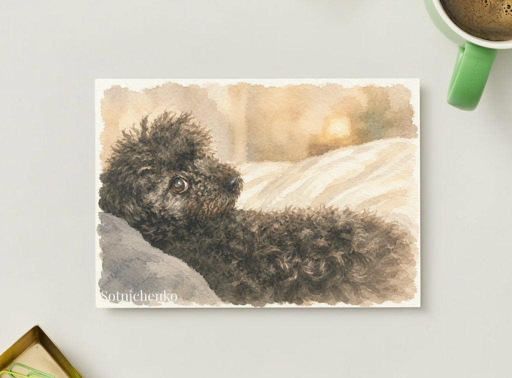 Tiny Bedtime Poodle — Cozy Dog Postcard