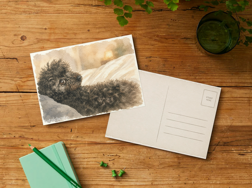 Tiny Bedtime Poodle — Cozy Dog Postcard