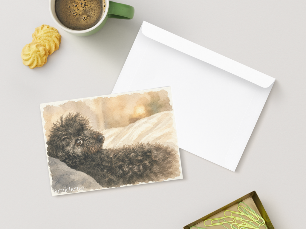 Tiny Bedtime Poodle — Cozy Dog Postcard