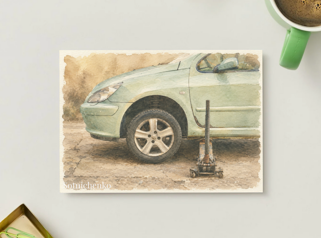Roadside Repair — Vintage Car Printable Postcard