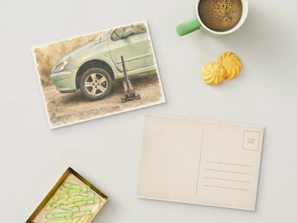 Roadside Repair — Vintage Car Printable Postcard
