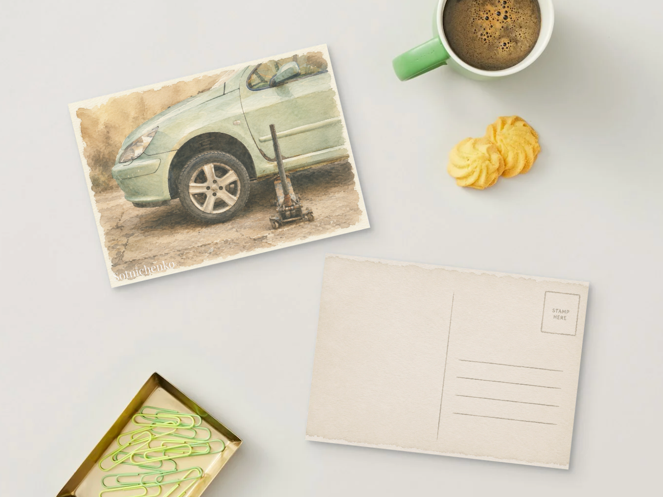 Roadside Repair — Vintage Car Printable Postcard