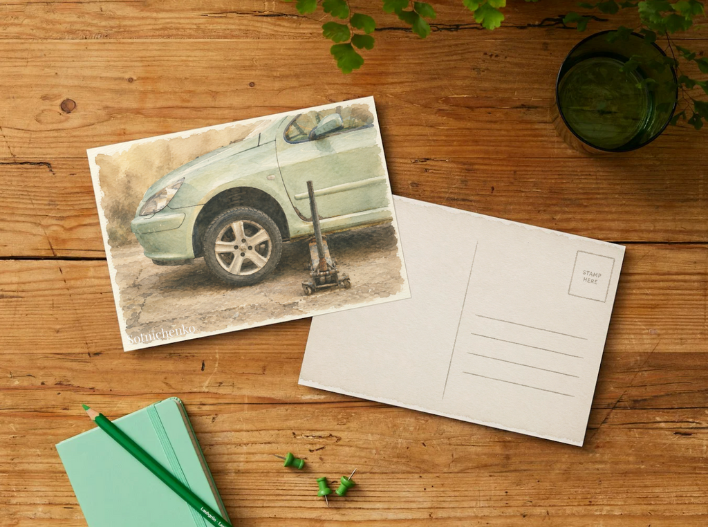 Roadside Repair — Vintage Car Printable Postcard
