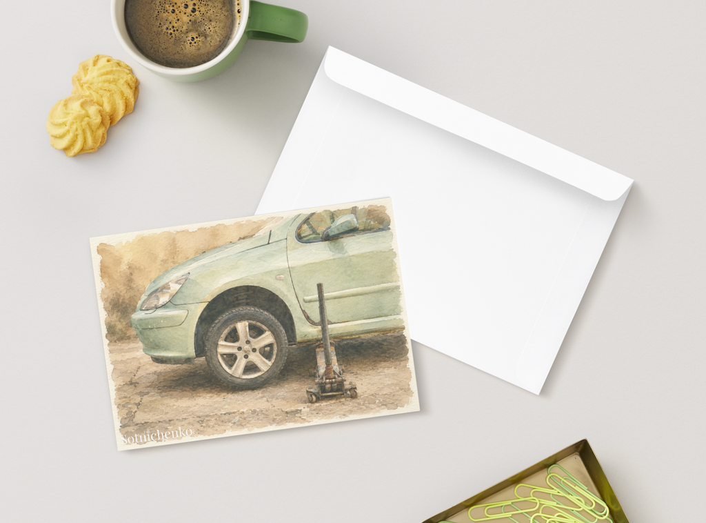 Roadside Repair — Vintage Car Printable Postcard