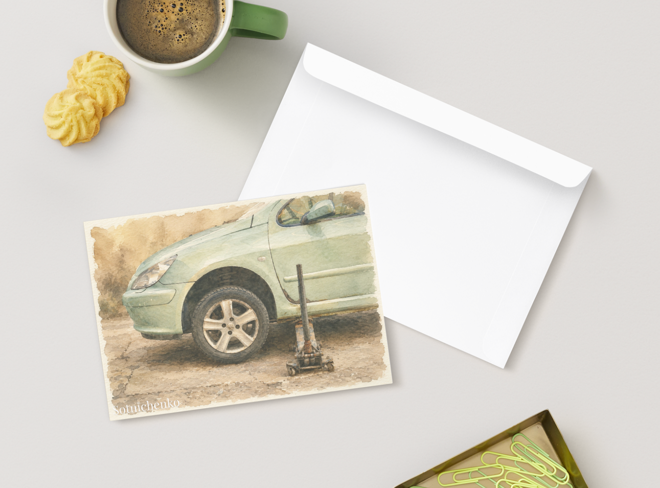 Roadside Repair — Vintage Car Printable Postcard