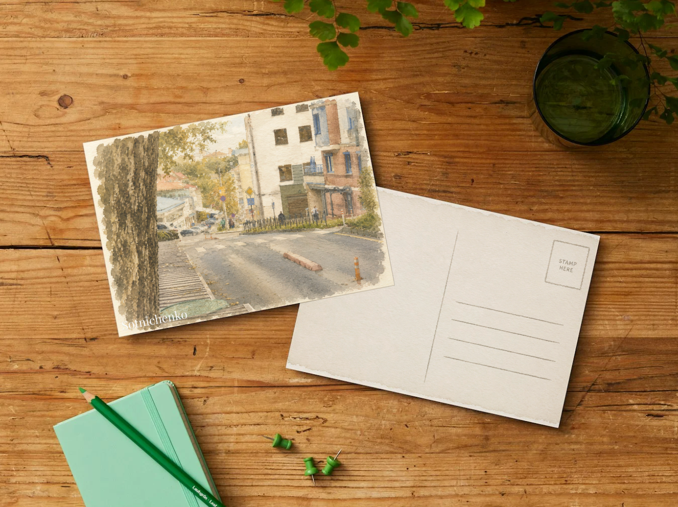 Slope Into Town — Vintage Urban Printable Postcard
