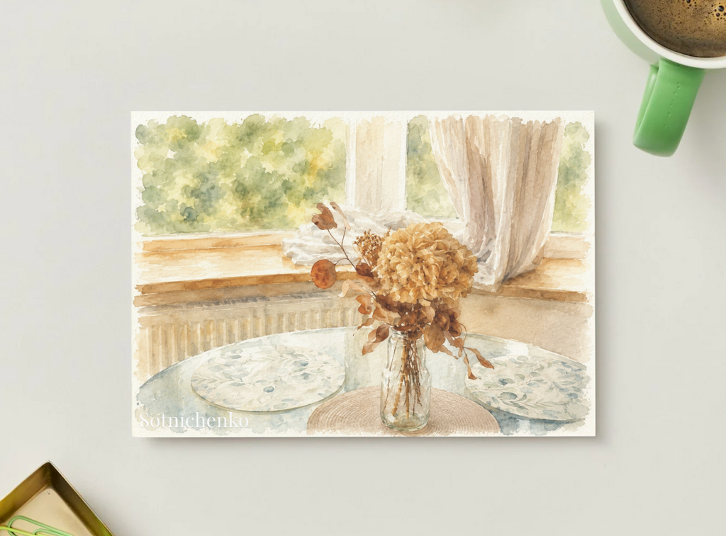 Quiet Window Bouquet — Vintage Floral Printable Postcard