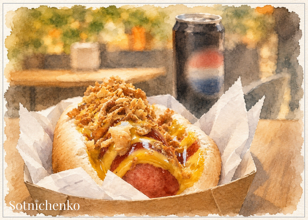 Loaded Hot Dog — Vintage Food Printable Postcard