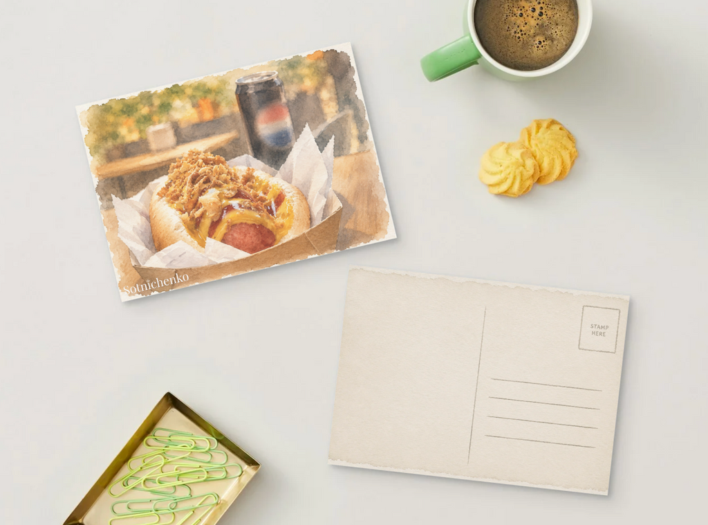 Loaded Hot Dog — Vintage Food Printable Postcard