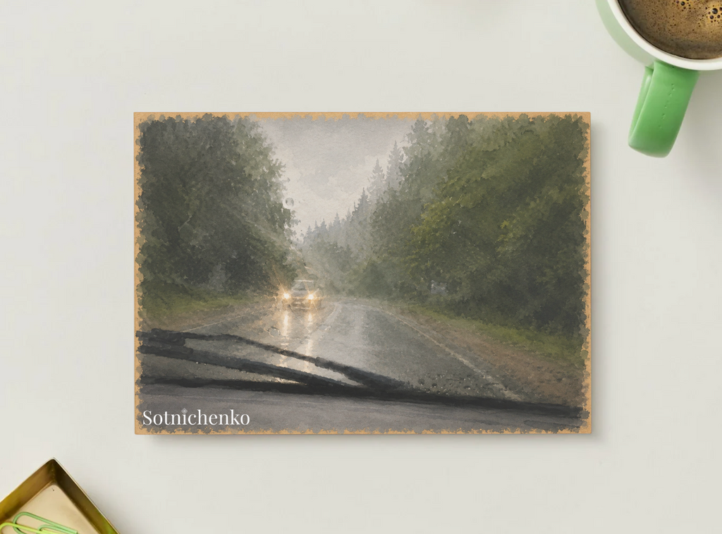Through the Rainshield — Moody Road Printable Postcard