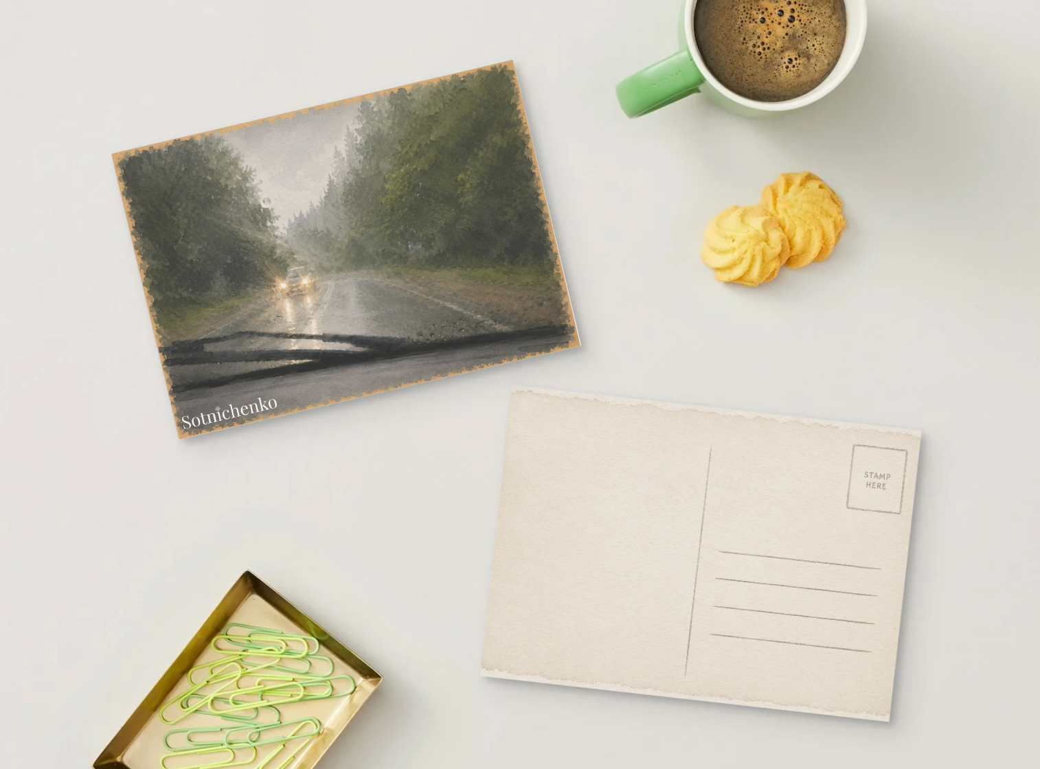 Through the Rainshield — Moody Road Printable Postcard