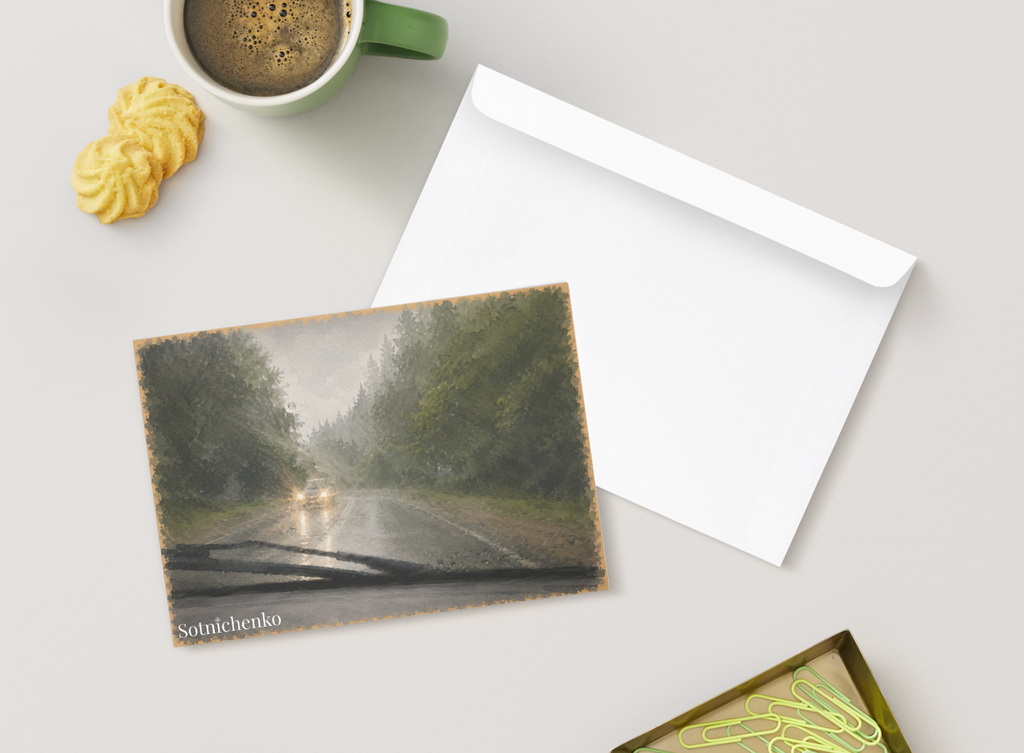 Through the Rainshield — Moody Road Printable Postcard