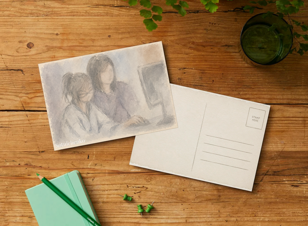 Learning Together — Vintage Study Printable Postcard