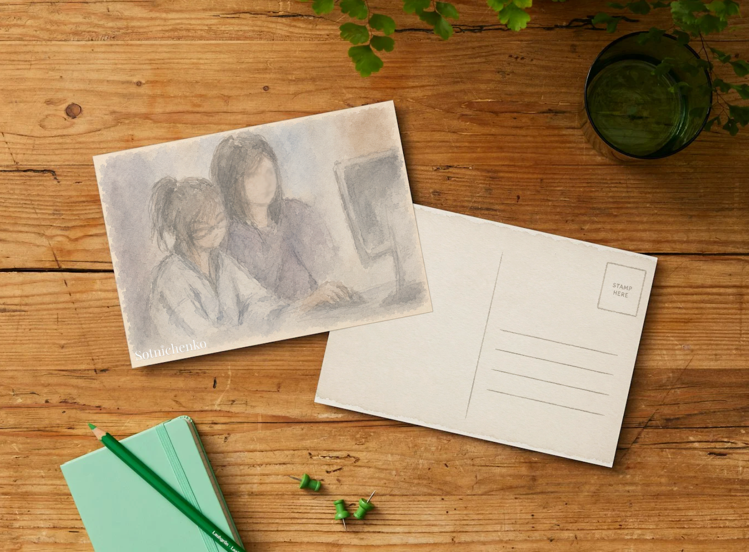 Learning Together — Vintage Study Printable Postcard