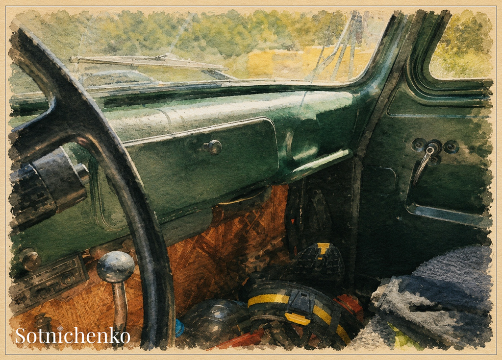 Behind the Green Dashboard — Retro Car Printable Postcard