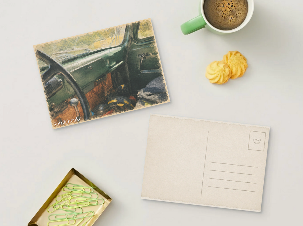 Behind the Green Dashboard — Retro Car Printable Postcard