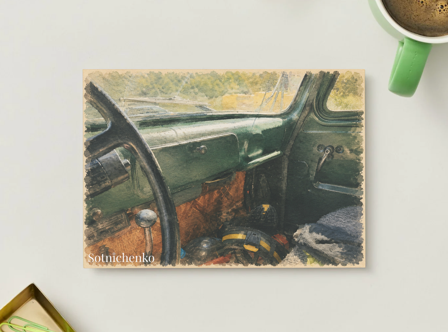 Behind the Green Dashboard — Retro Car Printable Postcard
