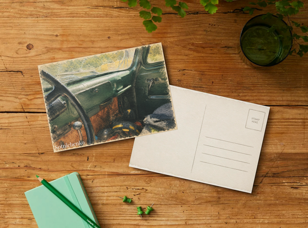Behind the Green Dashboard — Retro Car Printable Postcard