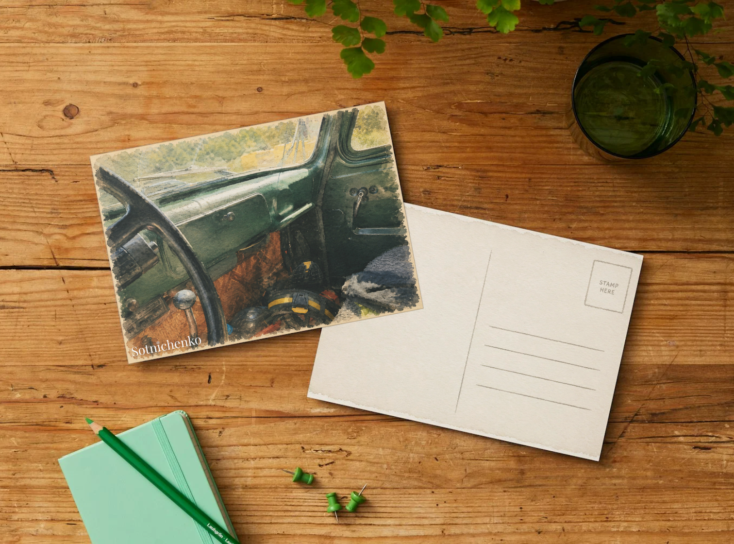 Behind the Green Dashboard — Retro Car Printable Postcard