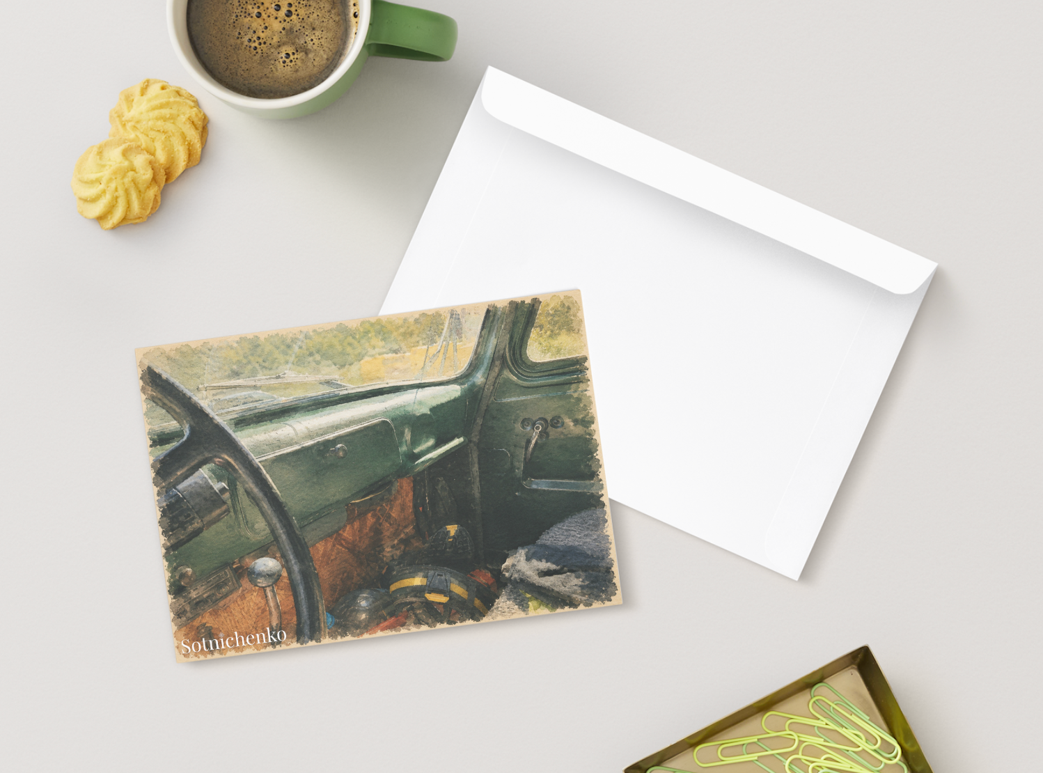 Behind the Green Dashboard — Retro Car Printable Postcard