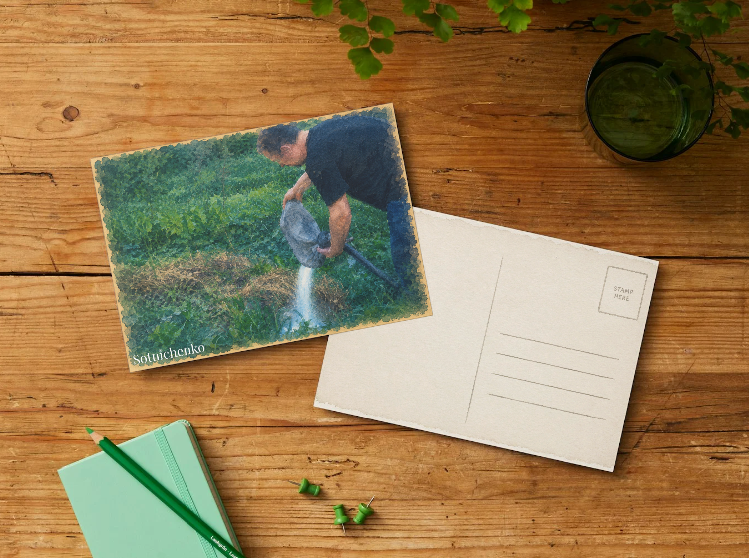 Watering the Greens — Vintage Garden Printable Postcard